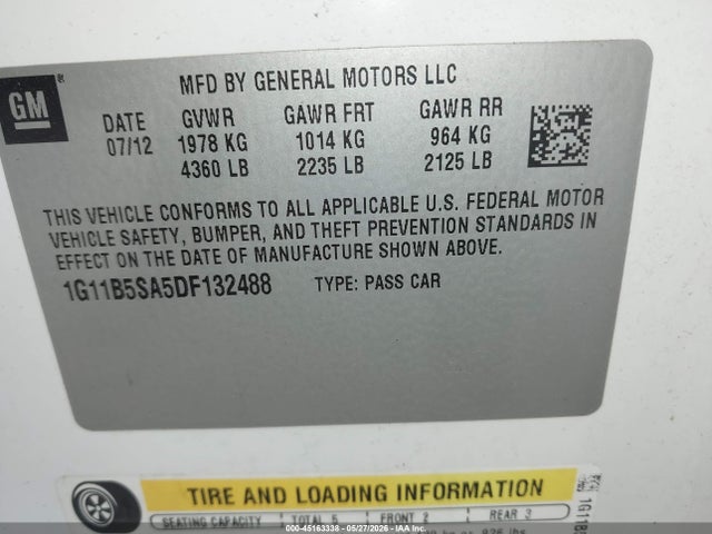2013 Chevrolet Malibu 1ls მანქანა იყიდება აუქციონზე, vin: 1G11B5SA5DF132488, აუქციონის ნომერი: 45163338