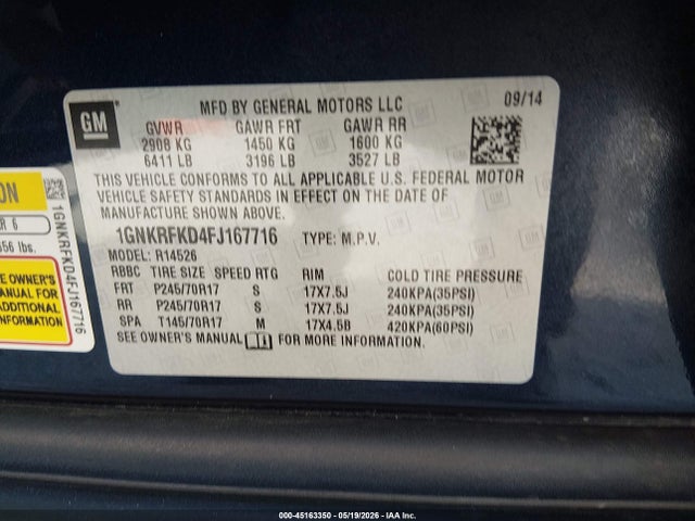2015 Chevrolet Traverse Ls მანქანა იყიდება აუქციონზე, vin: 1GNKRFKD4FJ167716, აუქციონის ნომერი: 45163350