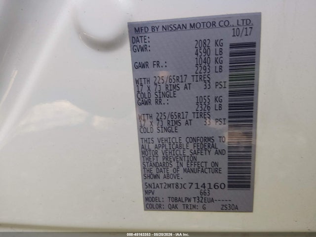 45163353 :رقم المزاد ، 5N1AT2MT8JC714160 vin ، 2018 Nissan Rogue S مزاد بيع