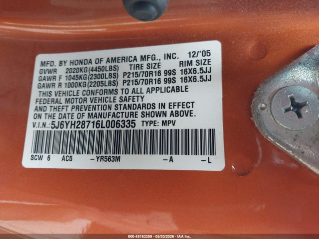 45163359 :رقم المزاد ، 5J6YH28716L006335 vin ، 2006 Honda Element Ex-p مزاد بيع