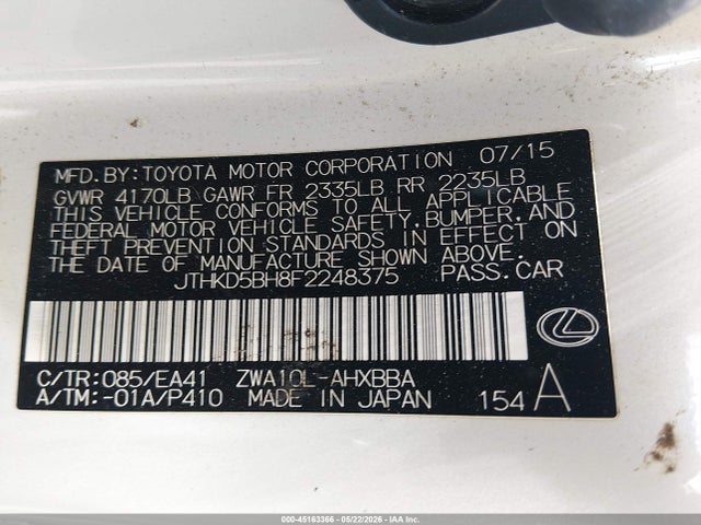 Aukcja sprzedaży 2015 Lexus Ct 200h, vin: JTHKD5BH8F2248375, numer aukcji: 45163366