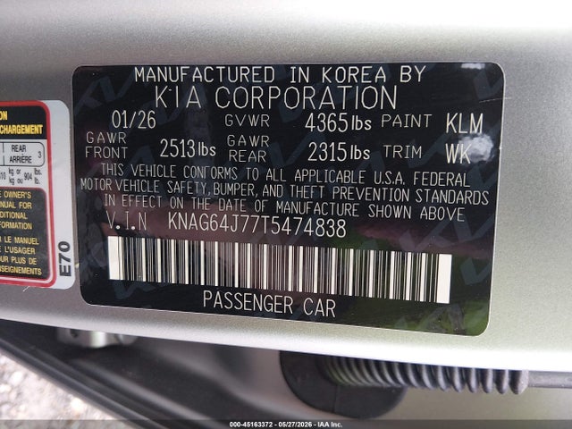 Aukcja sprzedaży 2026 Kia K5 Gt-line Fwd, vin: KNAG64J77T5474838, numer aukcji: 45163372