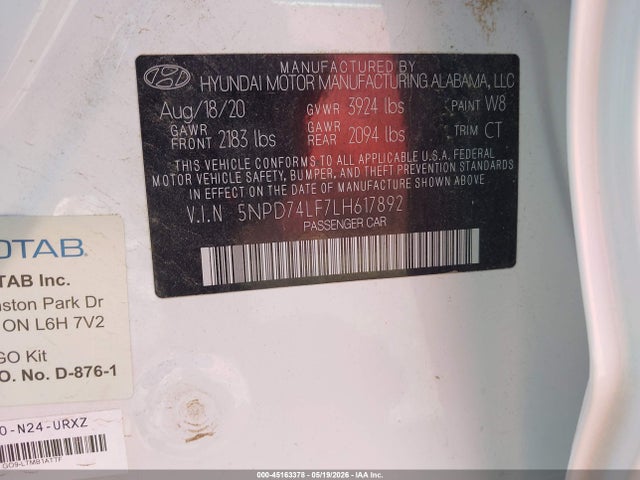 2020 Hyundai Elantra Se მანქანა იყიდება აუქციონზე, vin: 5NPD74LF7LH617892, აუქციონის ნომერი: 45163378