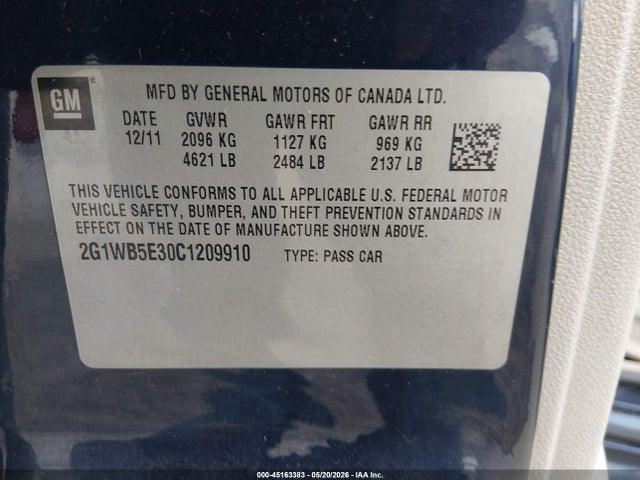Продаж на аукціоні авто 2012 Chevrolet Impala Lt, vin: 2G1WB5E30C1209910, номер лоту: 45163383