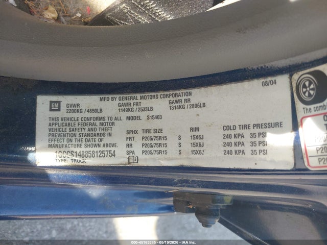 45163385 :رقم المزاد ، 1GCCS148858125754 vin ، 2005 Chevrolet Colorado مزاد بيع