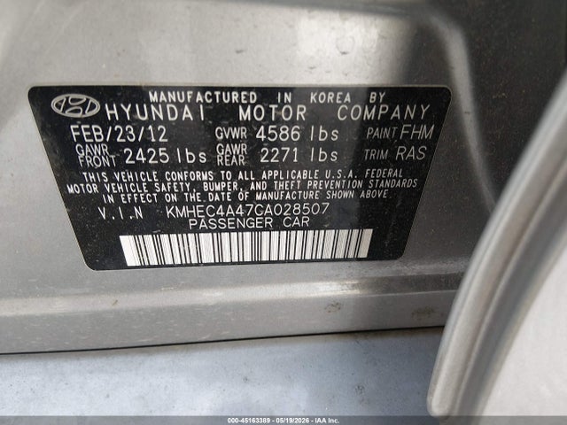 Aukcja sprzedaży 2012 Hyundai Sonata Hybrid, vin: KMHEC4A47CA028507, numer aukcji: 45163389