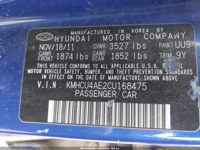 2012 Hyundai Accent Gls მანქანა იყიდება აუქციონზე, vin: KMHCU4AE2CU168475, აუქციონის ნომერი: 45163398