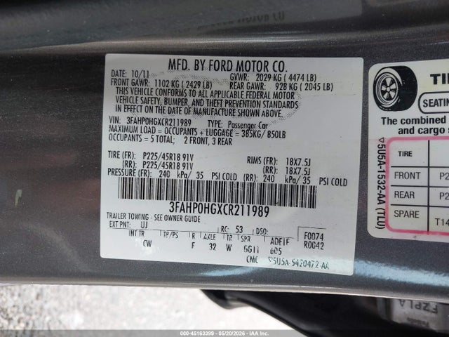 45163399 :رقم المزاد ، 3FAHP0HGXCR211989 vin ، 2012 Ford Fusion Se مزاد بيع