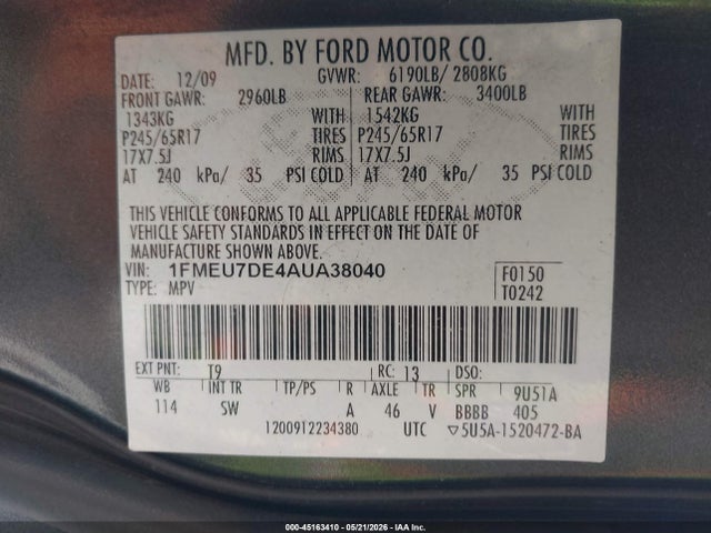 Aukcja sprzedaży 2010 Ford Explorer Xlt, vin: 1FMEU7DE4AUA38040, numer aukcji: 45163410