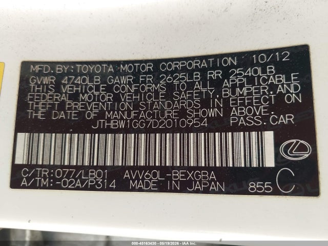 45163430 :رقم المزاد ، JTHBW1GG7D2010954 vin ، 2013 Lexus Es 300h مزاد بيع