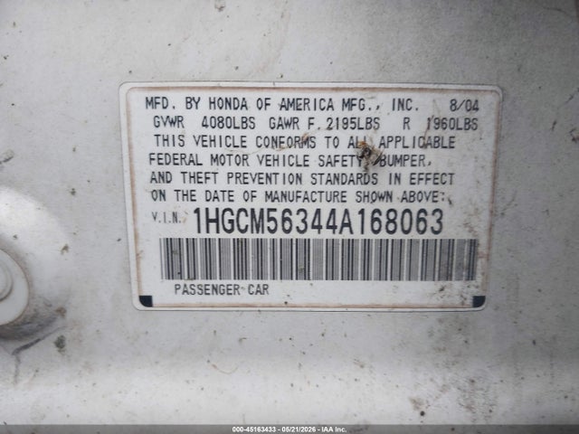 Продажа на аукционе авто 2004 Honda Accord 2.4 Lx, vin: 1HGCM56344A168063, номер лота: 45163433