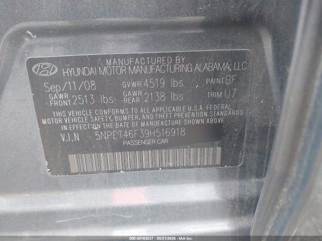 2009 Hyundai Sonata Gls V6 მანქანა იყიდება აუქციონზე, vin: 5NPET46F39H516918, აუქციონის ნომერი: 45163437