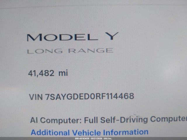 45163439 :رقم المزاد ، 7SAYGDED0RF114468 vin ، 2024 Tesla Model Y Long Range Single Motor Rear-wheel Drive/rwd مزاد بيع