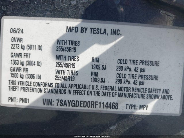 45163439 :رقم المزاد ، 7SAYGDED0RF114468 vin ، 2024 Tesla Model Y Long Range Single Motor Rear-wheel Drive/rwd مزاد بيع