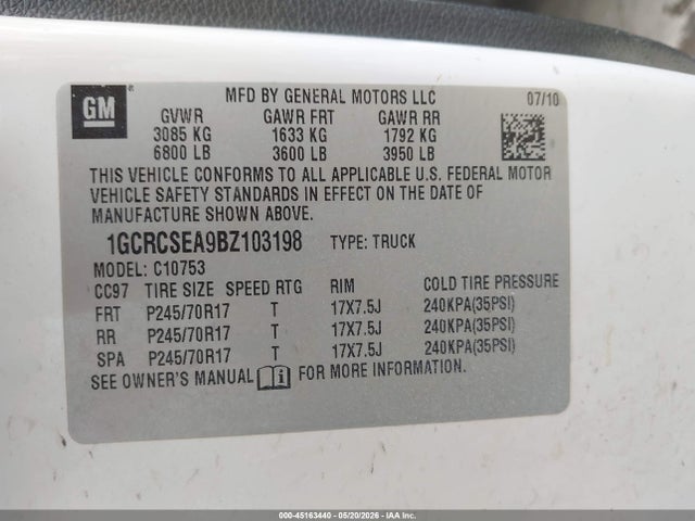 45163440 :رقم المزاد ، 1GCRCSEA9BZ103198 vin ، 2011 Chevrolet Silverado 1500 Lt مزاد بيع