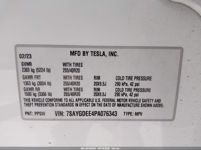 2023 Tesla Model Y Awd/long Range Dual Motor All-wheel Drive მანქანა იყიდება აუქციონზე, vin: 7SAYGDEE4PA076343, აუქციონის ნომერი: 45163445