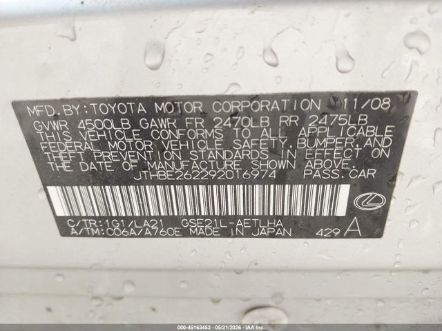Aukcja sprzedaży 2009 Lexus Is 350, vin: JTHBE262292016974, numer aukcji: 45163453