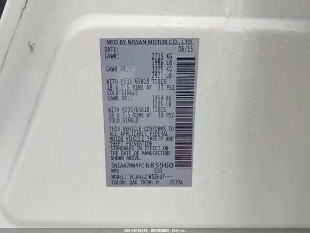 Aukcja sprzedaży 2015 Nissan Pathfinder Sl, vin: 5N1AR2MN4FC685960, numer aukcji: 45163455