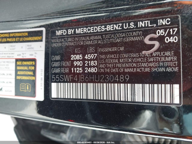 45163483 :رقم المزاد ، 55SWF4JB6HU230489 vin ، 2017 Mercedes-benz C 300 مزاد بيع