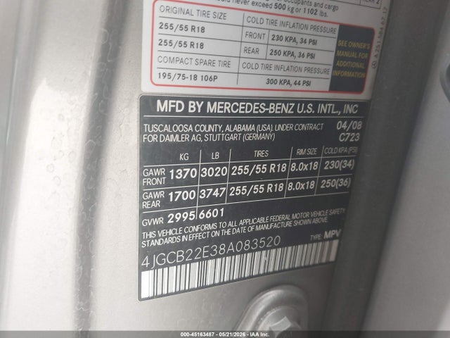 Продаж на аукціоні авто 2008 Mercedes-benz R 320 Cdi 4matic, vin: 4JGCB22E38A083520, номер лоту: 45163487