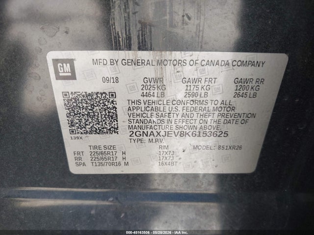2019 Chevrolet Equinox Lt მანქანა იყიდება აუქციონზე, vin: 2GNAXJEV8K6153625, აუქციონის ნომერი: 45163506
