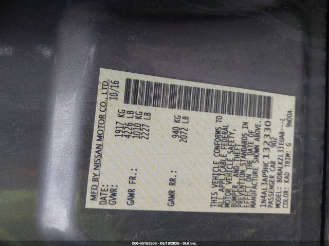 2017 Nissan Altima 2.5 Sv მანქანა იყიდება აუქციონზე, vin: 1N4AL3AP9HC132330, აუქციონის ნომერი: 45163508