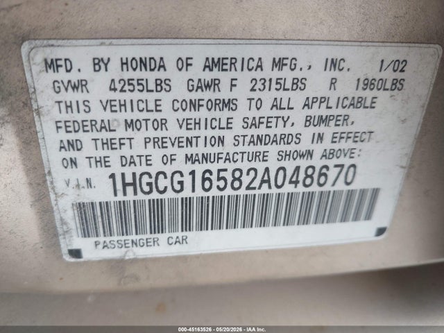 Aukcja sprzedaży 2002 Honda Accord 3.0 Ex, vin: 1HGCG16582A048670, numer aukcji: 45163526