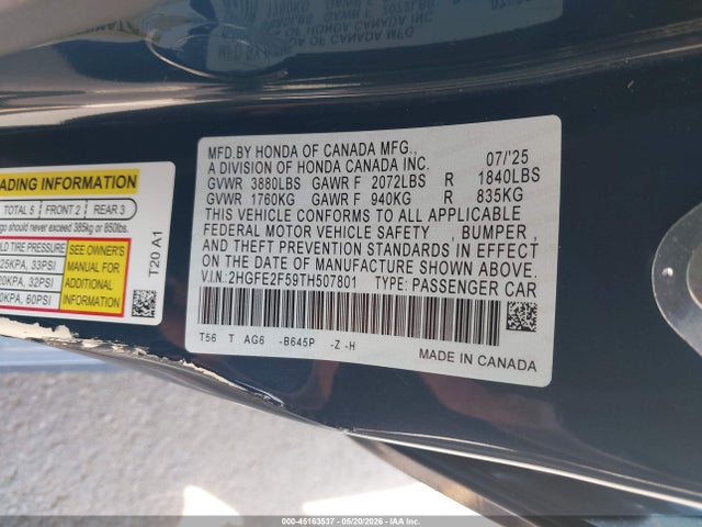 Honda Civic Sport 2026 2HGFE2F59TH507801 Image 9