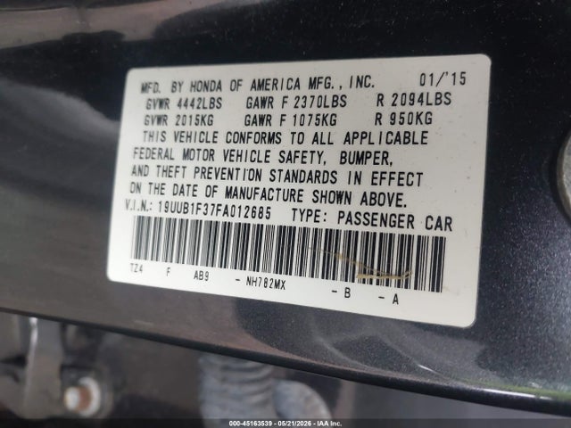 45163539 :رقم المزاد ، 19UUB1F37FA012685 vin ، 2015 Acura Tlx مزاد بيع