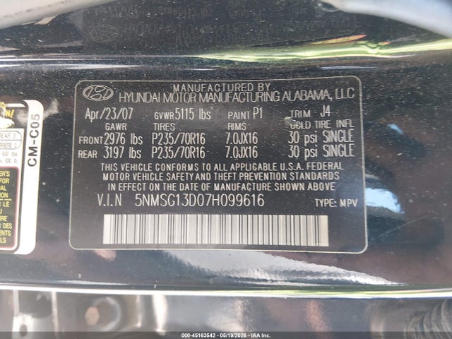 45163542 :رقم المزاد ، 5NMSG13D07H099616 vin ، 2007 Hyundai Santa Fe Gls مزاد بيع