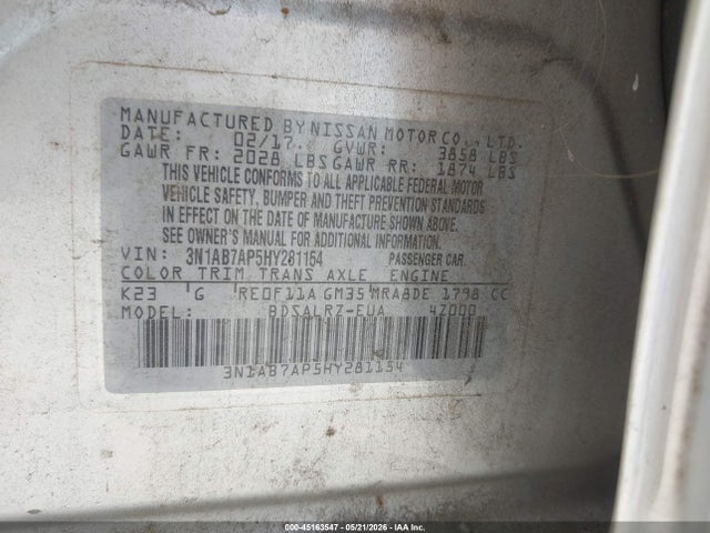 2017 Nissan Sentra Sr მანქანა იყიდება აუქციონზე, vin: 3N1AB7AP5HY281154, აუქციონის ნომერი: 45163547