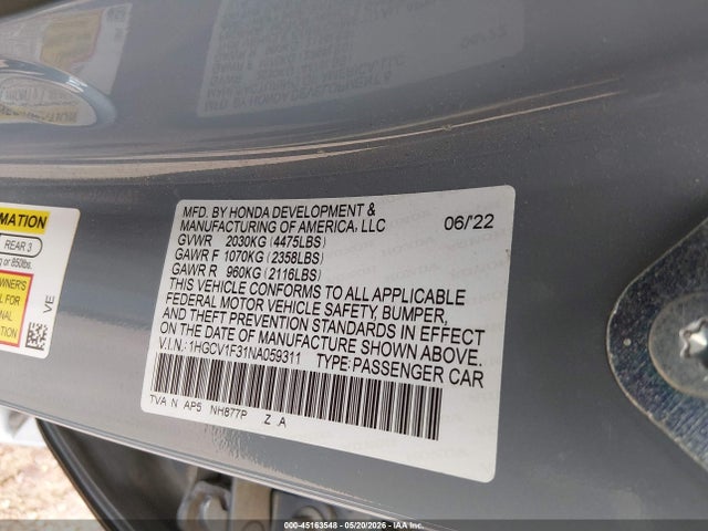 2022 Honda Accord Sport მანქანა იყიდება აუქციონზე, vin: 1HGCV1F31NA059311, აუქციონის ნომერი: 45163548