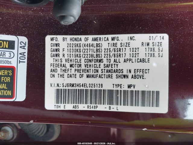 Продажа на аукционе авто 2014 Honda Cr-v Ex, vin: 5J6RM3H54EL025139, номер лота: 45163549