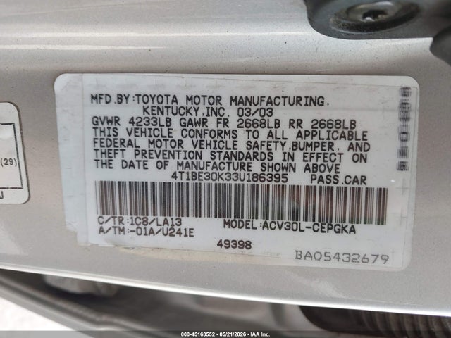Продажа на аукционе авто 2003 Toyota Camry Xle, vin: 4T1BE30K33U186395, номер лота: 45163552