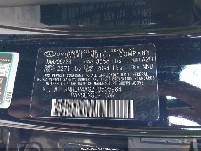 Aukcja sprzedaży 2023 Hyundai Elantra Limited, vin: KMHLP4AG2PU505984, numer aukcji: 45163568