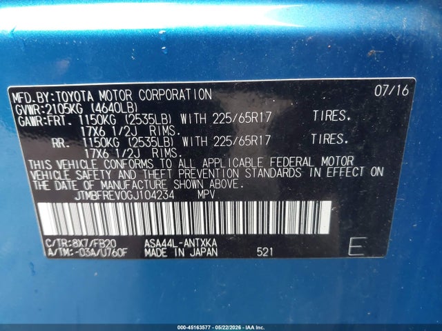 2016 Toyota Rav4 Le მანქანა იყიდება აუქციონზე, vin: JTMBFREV0GJ104234, აუქციონის ნომერი: 45163577