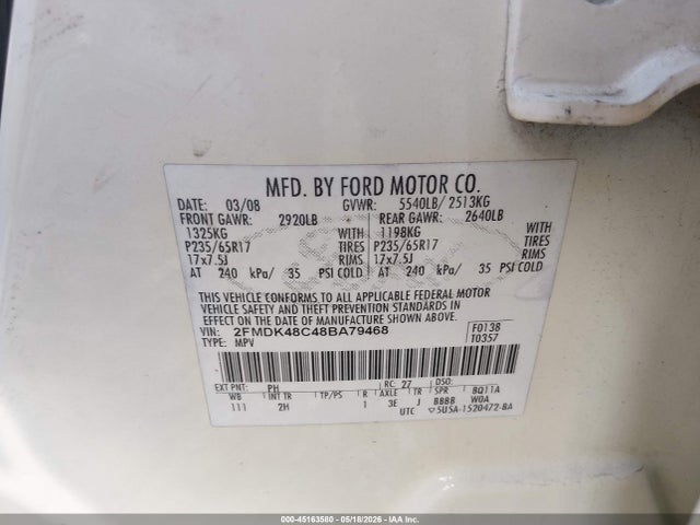 45163580 :رقم المزاد ، 2FMDK48C48BA79468 vin ، 2008 Ford Edge Sel مزاد بيع