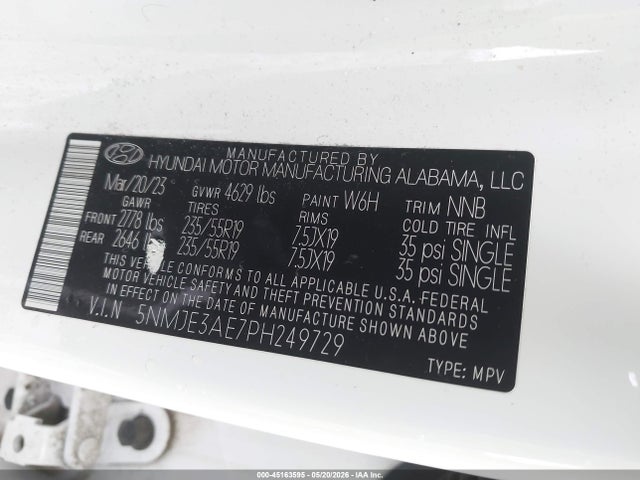 2023 Hyundai Tucson Limited მანქანა იყიდება აუქციონზე, vin: 5NMJE3AE7PH249729, აუქციონის ნომერი: 45163595