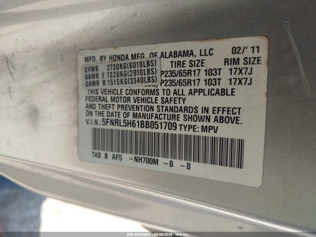 Продажа на аукционе авто 2011 Honda Odyssey Ex-l, vin: 5FNRL5H61BB051709, номер лота: 45163607