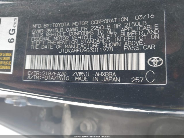 Aukcja sprzedaży 2016 Toyota Prius Two Eco, vin: JTDKARFU9G3011978, numer aukcji: 45163609