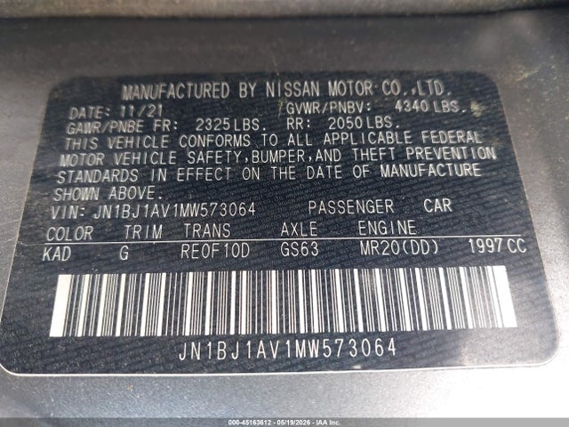 45163612 :رقم المزاد ، JN1BJ1AV1MW573064 vin ، 2021 Nissan Rogue Sport S Fwd Xtronic Cvt مزاد بيع
