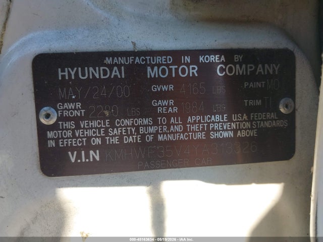 Aukcja sprzedaży 2000 Hyundai Sonata Gls V6, vin: KMHWF35V4YA313326, numer aukcji: 45163634