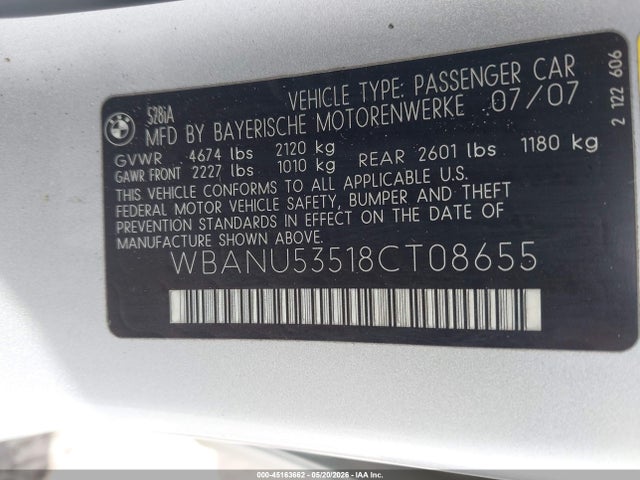 Продаж на аукціоні авто 2008 Bmw 528i, vin: WBANU53518CT08655, номер лоту: 45163662