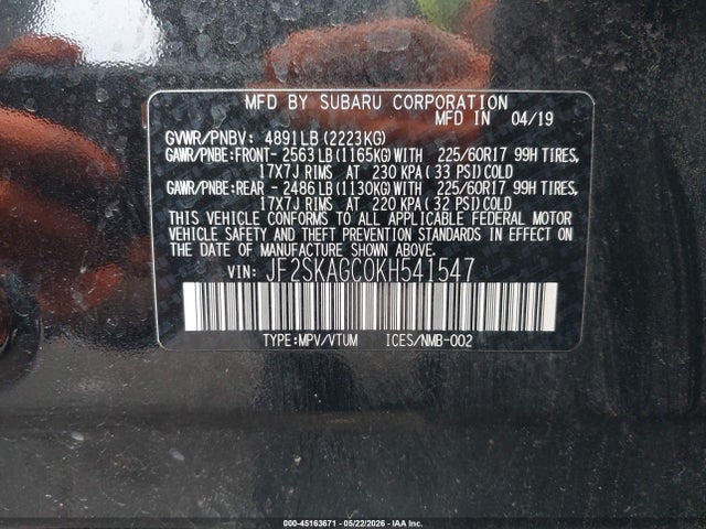 Продаж на аукціоні авто 2019 Subaru Forester Premium, vin: JF2SKAGC0KH541547, номер лоту: 45163671