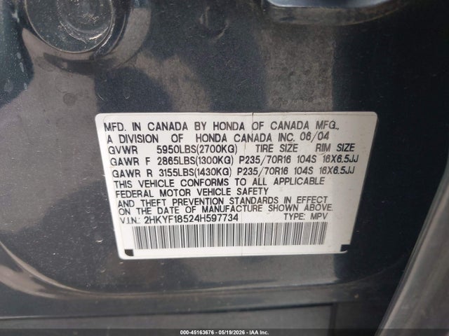 Aukcja sprzedaży 2004 Honda Pilot Ex-l, vin: 2HKYF18524H597734, numer aukcji: 45163676