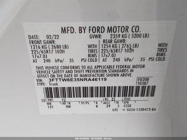 Продаж на аукціоні авто 2022 Ford Maverick Xl, vin: 3FTTW8E35NRA46119, номер лоту: 45163683