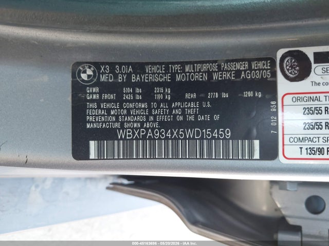 Продажа на аукционе авто 2005 Bmw X3 3.0i, vin: WBXPA934X5WD15459, номер лота: 45163696