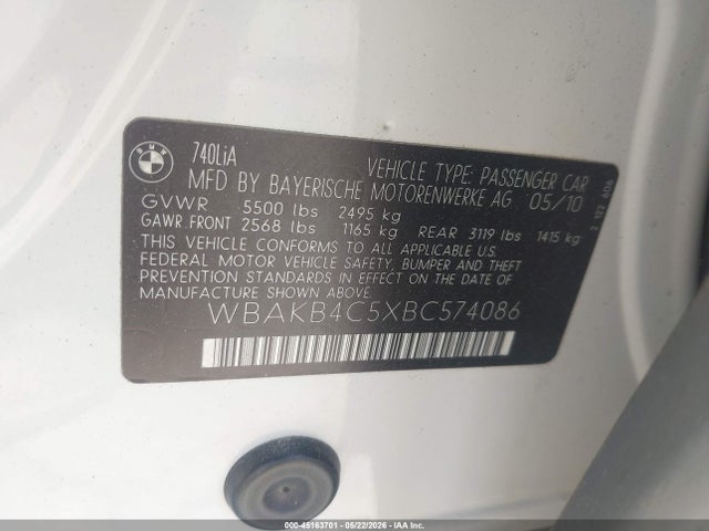Aukcja sprzedaży 2011 Bmw 740li, vin: WBAKB4C5XBC574086, numer aukcji: 45163701