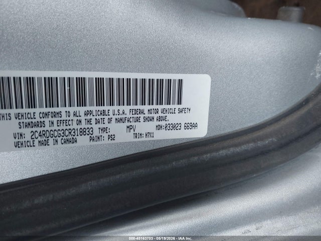 2012 Dodge Grand Caravan Sxt მანქანა იყიდება აუქციონზე, vin: 2C4RDGCG3CR318833, აუქციონის ნომერი: 45163703
