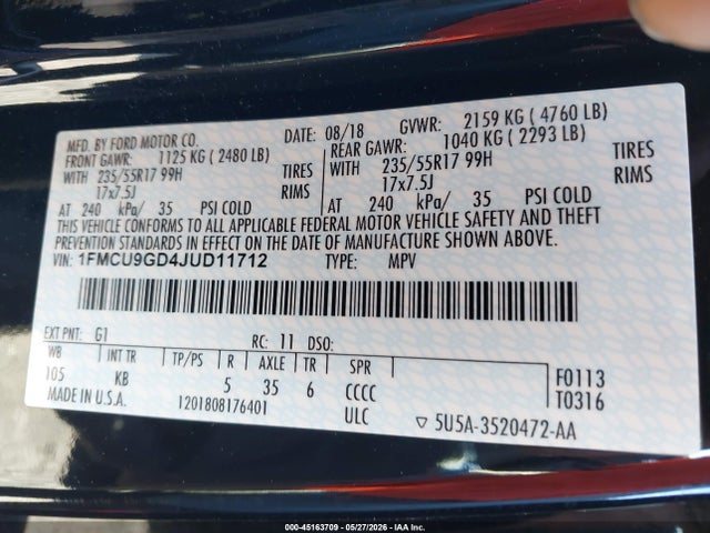 Aukcja sprzedaży 2018 Ford Escape Se, vin: 1FMCU9GD4JUD11712, numer aukcji: 45163709